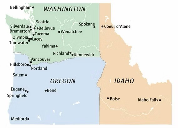 Map showing the geographic shape and relative scale of Washington, Oregon, and Idaho.